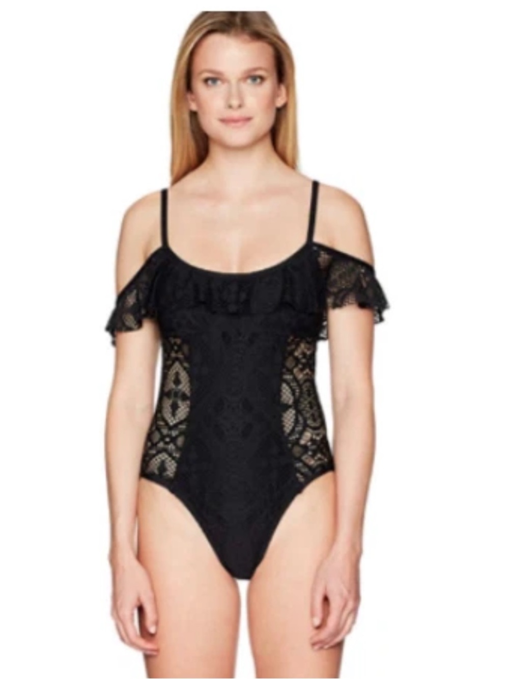 NWT Kenneth Cole Reaction Black Lace Off-Shoulder One-Piece Swimsuit Sz M Medium